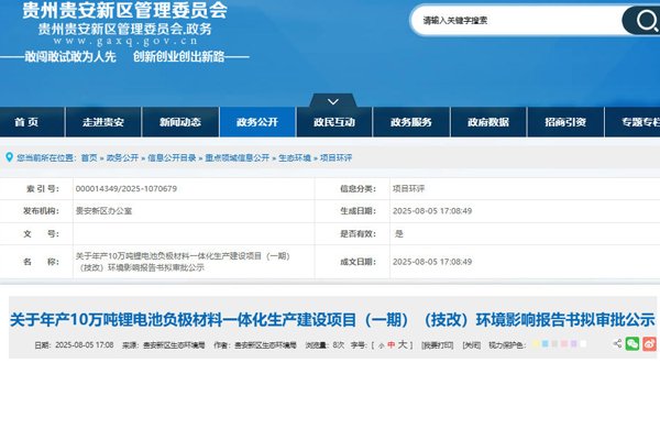 坐標貴州貴安!年產10萬噸負極材料一體化項目技改公示