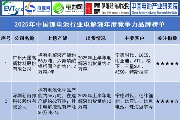 2025年中國鋰電池行業電解液年度競爭力品牌榜單