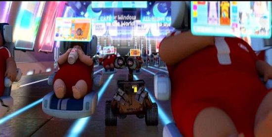 皮克斯動畫工作室拍攝的《機(jī)器人總動員》的劇照。在這部動畫片描繪的未來世界，人們因為過度依賴技術(shù)成為大胖子，失去了行走能力