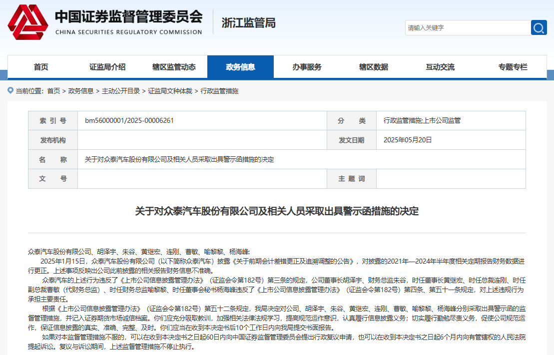 關(guān)于對眾泰汽車股份有限公司及相關(guān)人員采取出具警示函措施的決定