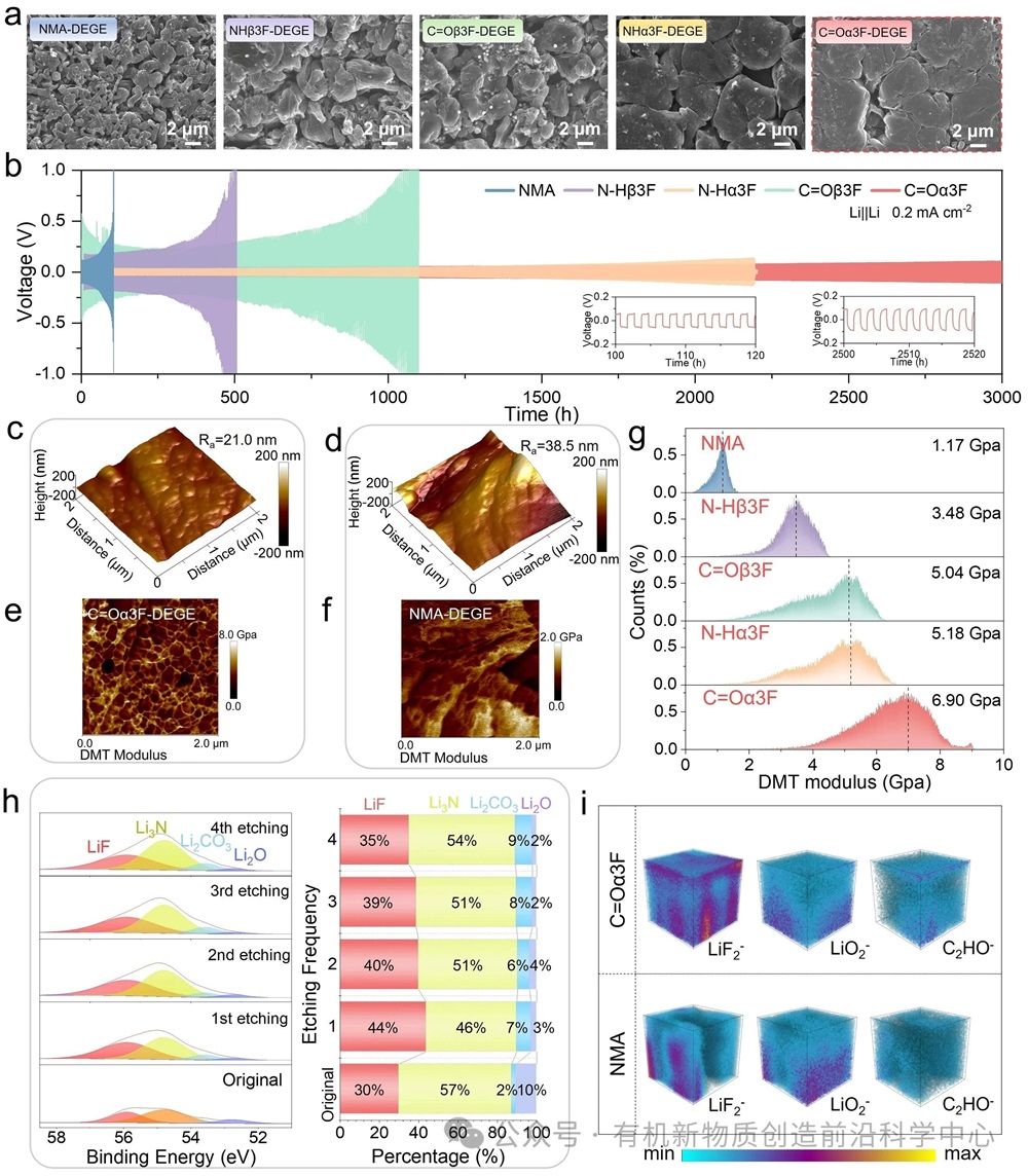 圖4. (a) 鋰沉積過程的SEM圖像。(b) 電流密度為0.2 mAcm?2的Li對稱電池恒流充放電曲線。(c,d) C=Oα3F-DEGE|Li (c)和NMA|Li (d)的SEI高度圖像。(e,f) C=Oα3F-DEGE|Li (e) 和NMA|Li (f) 的SEI楊氏模量映射圖。(g) 楊氏模量分布。(h) 來自Li|C=Oα3F-DEGE|Li對稱電池的Li金屬負極Li 1s刻蝕XPS光譜。(i) C=Oα3F-DEGE|Li和NMA|Li的SEI的ToF-SIMS中LiF2-、LiO2-和C2HO-的三維渲染圖。