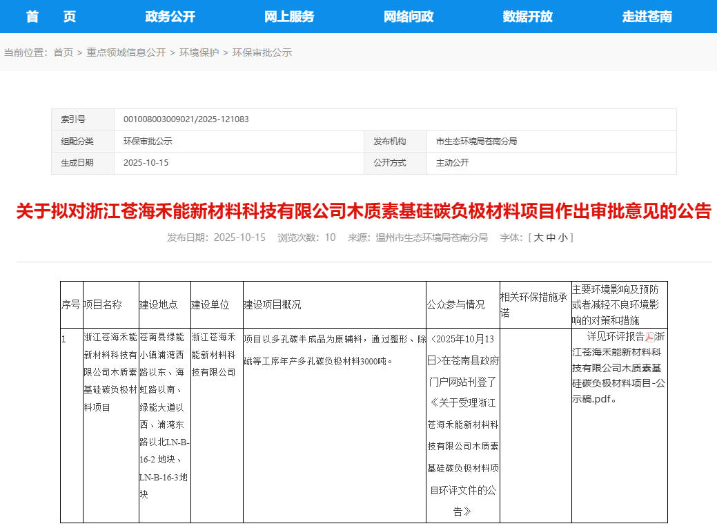 2億元!浙江溫州一硅碳負極材料項目公示 2億元!浙江溫州一硅碳負極材料項目公示