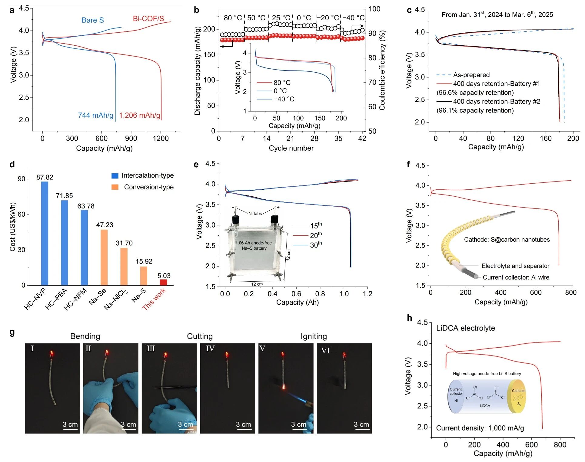 圖2. 電池的電化學性能及應用驗證