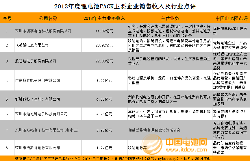 2013年度鋰電池PACK主要企業(yè)銷售收入及點(diǎn)評