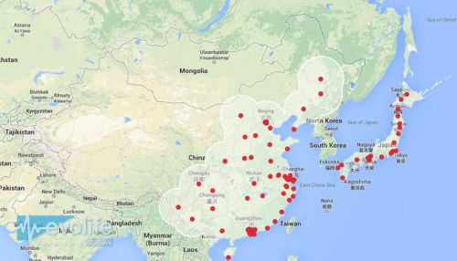 2015年底亞洲超級充電站分布