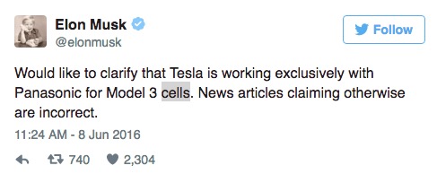 馬斯克否認三星將為特斯拉Model 3供應動力電池