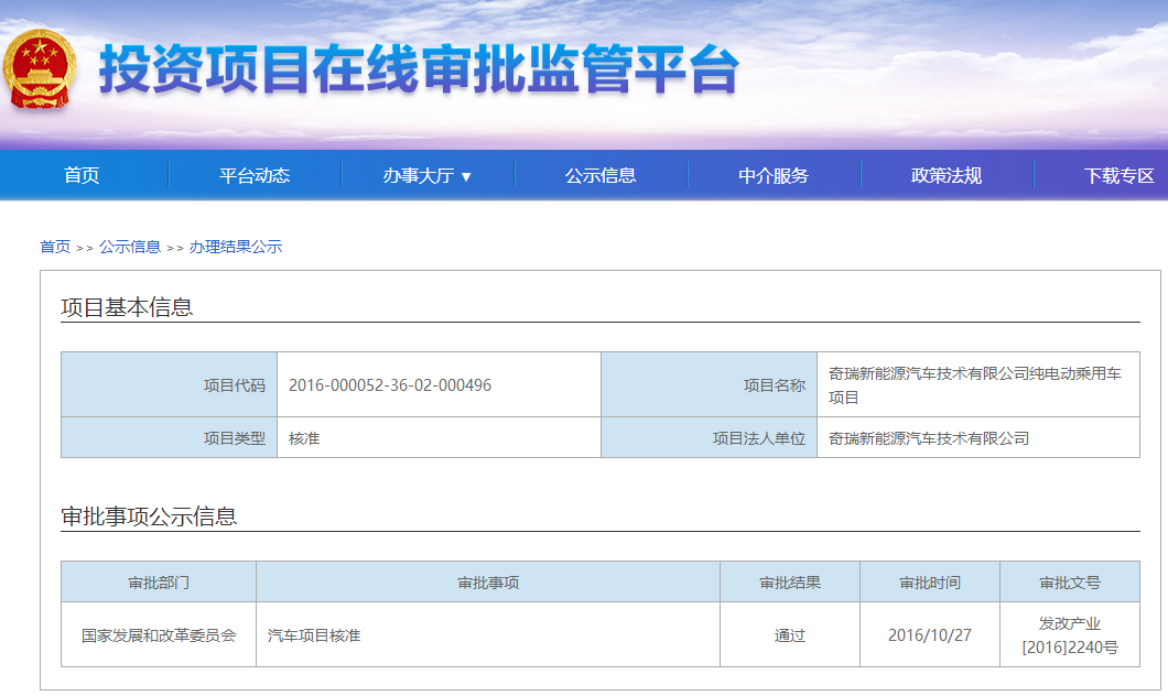 奇瑞新能源汽車(chē)獲發(fā)改委核準(zhǔn)生產(chǎn)許可 第四張牌照誕生