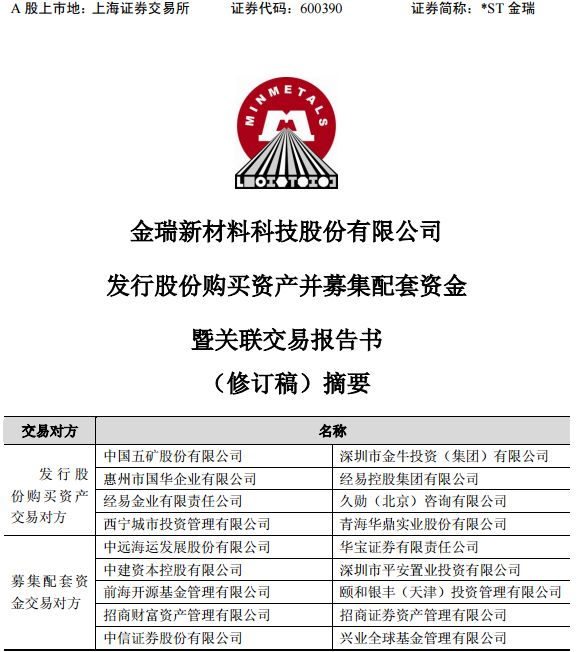 *ST金瑞擬178億收購五礦資本100%股權 重啟資產重組 *ST金瑞擬178億收購五礦資本100%股權 重啟資產重組