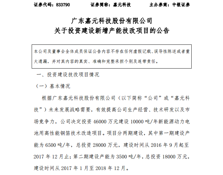 嘉元科技：擬4.6億元投建年產1萬噸鋰電銅箔技改項目