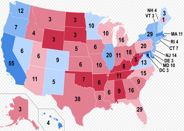 美國汽車制造業分布（籃色愈深表示汽車業勞動力占比愈高）與特朗普選民分布（紅色越深，支持比例越高）比較圖
