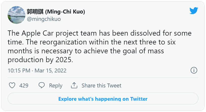 傳蘋果汽車團隊已解散，2025年新車亮相成疑？