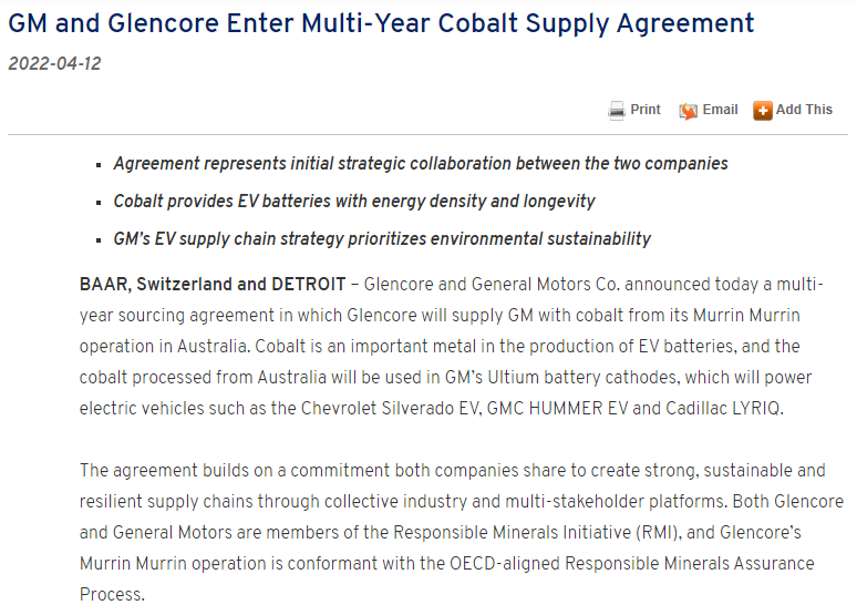 通用汽車與嘉能可達成金屬鈷長期供應協議