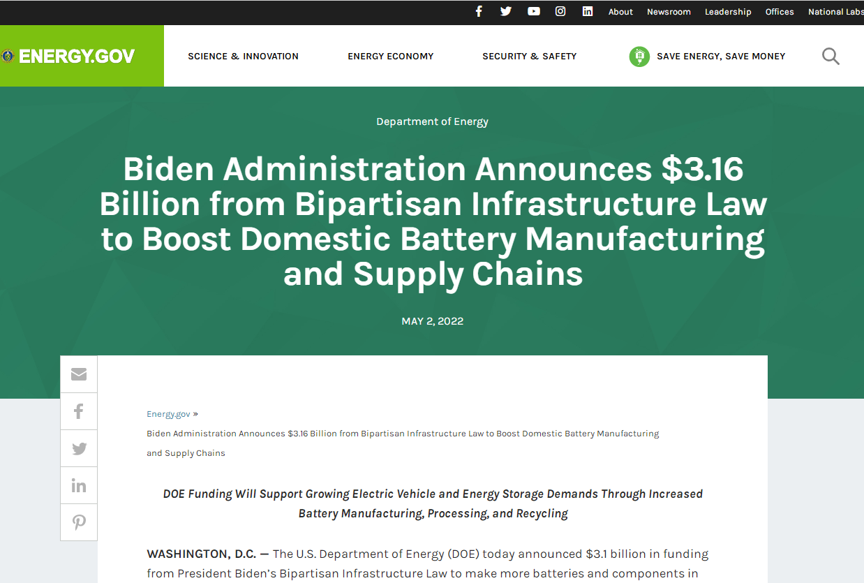 31.6億美元!美國能源部斥資推進國內動力電池制造和供應鏈穩定 31.6億美元!美國能源部斥資推進國內動力電池制造和供應鏈穩定