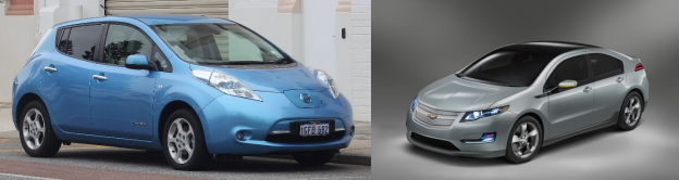 圖片：第一代純電汽車(chē)，如日產(chǎn)聆風(fēng)（左）和雪佛蘭volt（右）