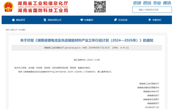 湖南省鋰電池及先進儲能材料產業三年行動計劃（2024-2026年）