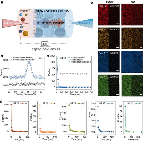 圖1. 高結晶PEO塊體中的離子自適應擴散現(xiàn)象 圖片來源：中國科學院金屬研究所